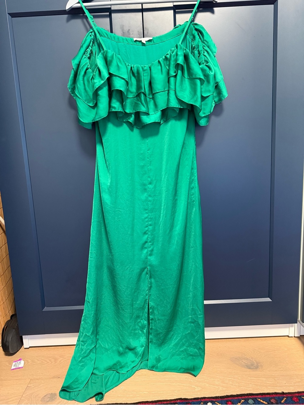 Maje Emerald Green Off-Shoulder Ruffle Midi Dress